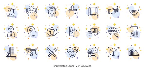 Outline set of T-shirt, Food delivery and Open door line icons for web app. Include Investment graph, Food, Vacancy pictogram icons. Mental health, Augmented reality, Voting campaign signs. Vector