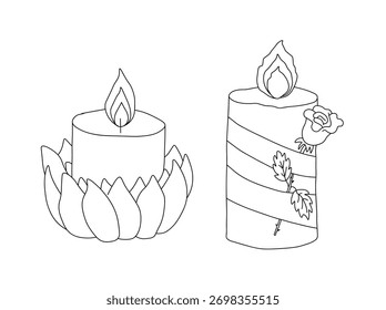 Esquema del conjunto de dos velas. Una vela ardiente en una flor de loto. Una vela ardiente con una flor de rosa. Ilustración vectorial sobre un fondo blanco