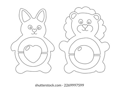 Outline of set of two rattles in the shape of bunny and lion. Vector illustration on a white background