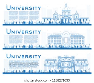 Esbozo de Pancartas de Estudios Universitarios. Ilustración vectorial. Los estudiantes van al edificio principal de la universidad. Cartel con espacio de copia.