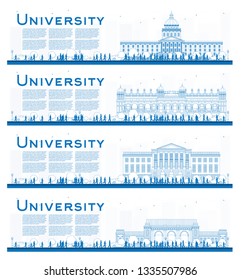 Outline Set of University Campus Study Banners. Vector Illustration. Students Go to the Main Building of University. Banner with Copy Space.