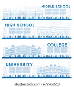 Outline Set of University, High School and College Study Banners. Vector Illustration. Students Go to the Main Building of University. Banner with Copy Space.