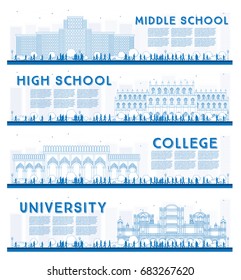 Esbozo de Banners de Estudios Universitarios, de Secundaria y Universitarios. Ilustración vectorial. Los estudiantes van al edificio principal de la universidad. Cartel con espacio de copia.