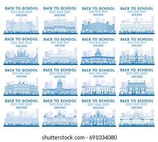 Outline Set of University, High School and College Study Banners. Vector Illustration. Students Go to the Main Building of University. Banner with Copy Space.