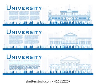 Outline set of university study banners. Vector illustration. Students go to the blue building of university. Banner with copy space. 