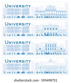 Outline Set of university study banners. Vector illustration. Students go to the main building of university. Banner with copy space.