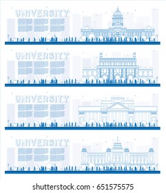 Outline Set Of University Study Banners. Vector Illustration. Students Go To The Main Building Of University. Banner With Copy Space.