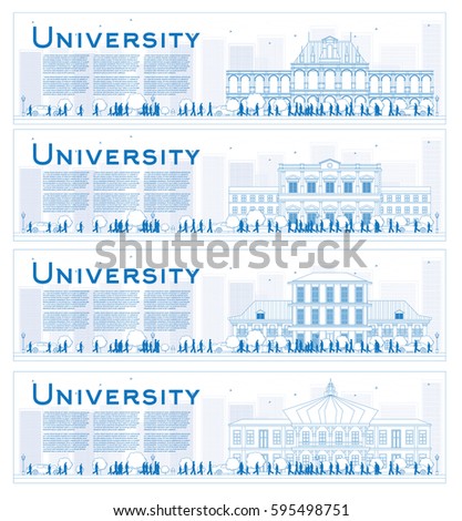 Outline Set of university study banners. Vector illustration. Students go to the main building of university. Banner with copy space.