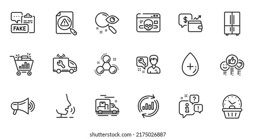 Conjunto de esquemas de datos de actualización, compras de sesión y iconos de línea de documento falsa para aplicaciones web. Hable, información, icono de esquema del camión de entrega. Incluir los iconos de suero de aceite, búsqueda y último minuto. Vector