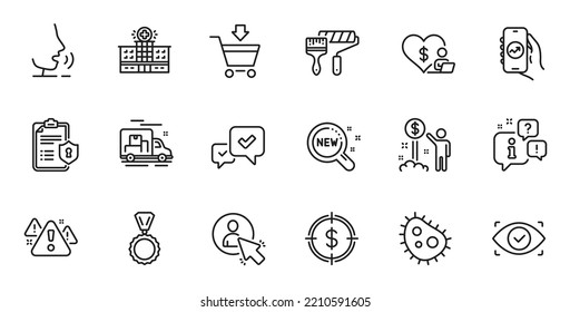 Outline Set Of User, Warning And Volunteer Line Icons For Web Application. Talk, Information, Delivery Truck Outline Icon. Include Income Money, Approve, Dollar Target Icons. Vector