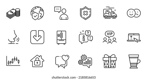 Outline set of Users chat, Cogwheel and Like line icons for web application. Talk, information, delivery truck outline icon. Include Heart, Swipe up, Gift box icons. Vector