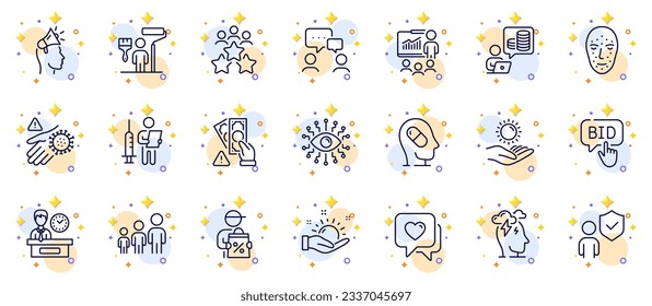 Outline set of Vaccination announcement, Delivery discount and Depression treatment line icons for web app. Include People chatting, Stress, Face biometrics pictogram icons. Vector