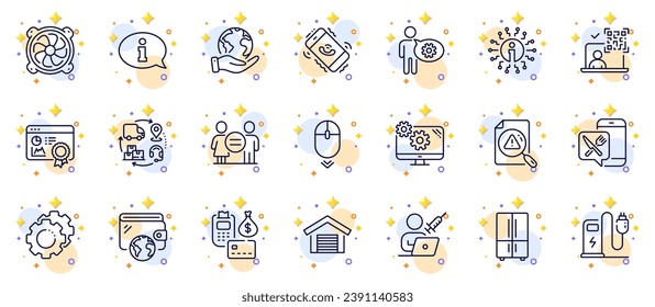 Outline set of Vaccination appointment, Call center and Information line icons for web app. Include Charging station, Food app, Equality pictogram icons. Settings, Scroll down, Info signs. Vector