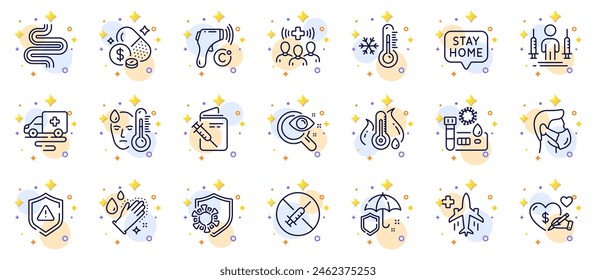Outline set of Vaccination passport, Covid test and Electronic thermometer line icons for web app. Include Stay home, Social care, Coronavirus pictogram icons. No vaccine, Umbrella. Vector