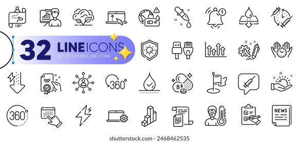 Umrisse des Impfzeitplans, Computerkabel und Swipe-up-Line-Icons für Web mit Sonnenschutz, wasserdicht, Notebook-Service dünn Icon. Vitamin B6, Thermometer. Vektorgrafik