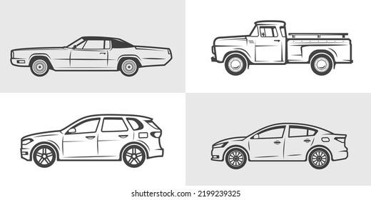 Сar In Outline. Set Of Vector Automobile Icons. Retro And Modern Car Sketches: Pickup, Sedan, SUV, Convertible. Transport Design Element For Car Rental And Repair Service, Posters, Logo Or Emblems.