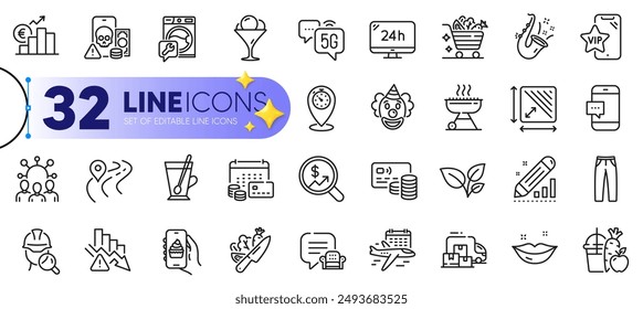 Outline set of Vegetables cart, Squad and Juice line icons for web with Phishing, Square area, Clown thin icon. Lips, Timer, Money calendar pictogram icon. Euro rate, Grill, Currency audit. Vector