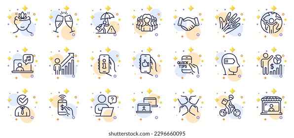 Outline set of Veins, Delivery bike and Education line icons for web app. Include Support, Global business, Phone payment pictogram icons. Vacancy, Squad, Women group signs. Music. Vector