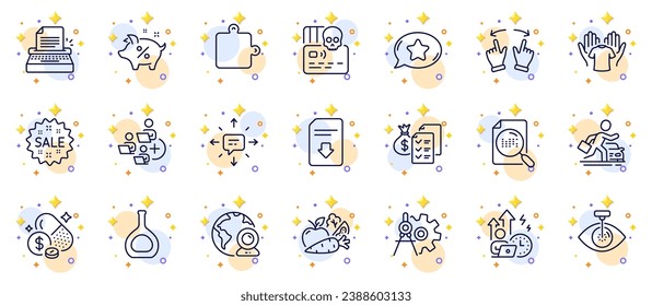 Outline set of Video conference, Cognac bottle and Favorite chat line icons for web app. Include Vegetables, Cyber attack, Puzzle pictogram icons. Sale, Typewriter, Hold t-shirt signs. Vector