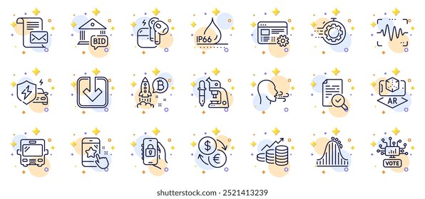 Conjunto de esquemas de iconos de línea de proyecto de onda de voz, bus y Bitcoin para App de Web. Incluir a prueba de agua, clasificación de estrellas, iconos de pictogramas de montaña rusa. Carta de correo, carga del coche, signos de ejercicio de respiración. Vector