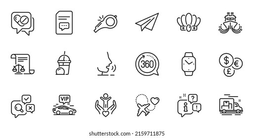 Outline set of Volunteer, Vip transfer and 360 degrees line icons for web application. Talk, information, delivery truck outline icon. Vector