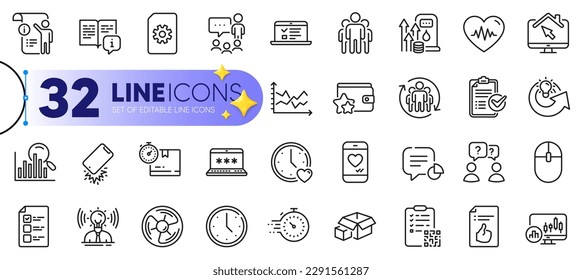 Conjunto de esquemas de la papeleta de votación, el código Qr y los iconos de la línea del ratón del ordenador para la web con conferencias Web, Trabajo en equipo, Gente chateando un icono delgado. Icono de tiempo, manual, pictograma de búsqueda. Lista de verificación de la encuesta. Vector