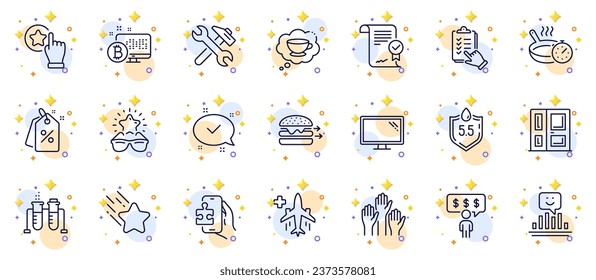 Outline set of Voting hands, Coffee cup and Falling star line icons for web app. Include Monitor, Discount tags, Checklist pictogram icons. Approved, Puzzle game, Food delivery signs. Vector