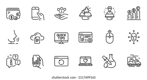 Outline set of Wallet, File storage and Analysis app line icons for web application. Talk, information, delivery truck outline icon. Include Graph chart, Megaphone, Consolidation icons. Vector