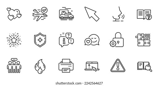 Outline set of Warning, Swipe up and Twinkle star line icons for web application. Talk, information, delivery truck outline icon. Include Dating, Employees group, Puzzle game icons. Vector