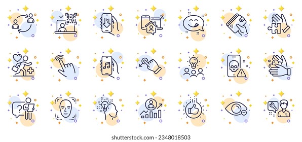 Outline set of Wash hands, Work home and Cursor line icons for web app. Include Wallet, Patient, Cyber attack pictogram icons. Like hand, Repairman, Career ladder signs. Circles with 3d stars. Vector