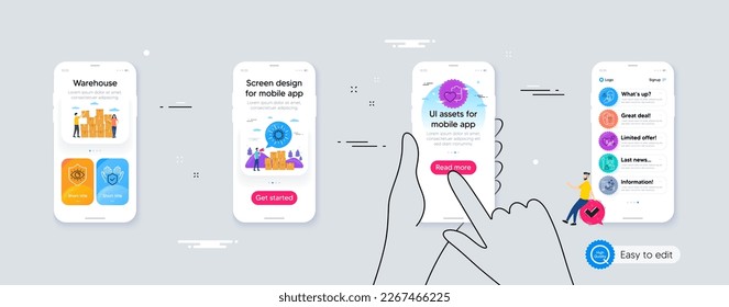 Contorno de mano Lavado, No tocar y Seguros iconos de línea de mano para aplicación web. Interfaz de teléfono. Incluye enfermeras, cuidados sociales, íconos biométricos faciales. Vector