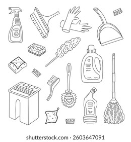 Outline set with washing tools for cleansing home. Hand drawn bucket, dustpan, rubber gloves, window scraper, pipidaster. Funny chores devices line art doodle isolated on white background.