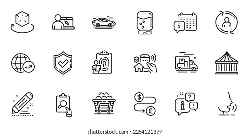 Outline set of Water cooler, Augmented reality and World statistics line icons for web application. Talk, information, delivery truck outline icon. Vector