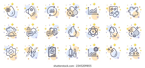 Conjunto de esquemas de salto de agua, gráfico de gráficos e iconos de línea de informe para la aplicación web. Incluya los datos de actualización, los iconos de los pictogramas Ejecutar y Graph. Vitamina n, energía de fuego, señales de estrés. Protección de Spf. Vector