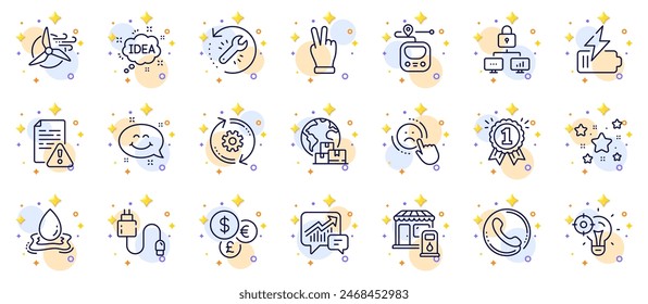 Conjunto de contorno de salpicadura de agua, centro de llamadas e iconos de línea de dinero para el App de Web. Incluye batería, herramienta de recuperación, iconos de pictograma manual de instrucciones. Volante, mano de la victoria, señales de Metro. Vector