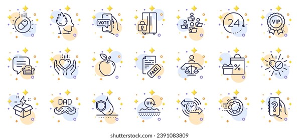 Outline set of Waterproof, Online voting and Medical drugs line icons for web app. Include Stress, Shopping, Apple pictogram icons. Seo timer, Capsule pill, Help app signs. Lounge place. Vector