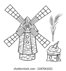 Outline set with a windmill, a spike of a cereal plant or ear of wheat, and a sack of flour. 