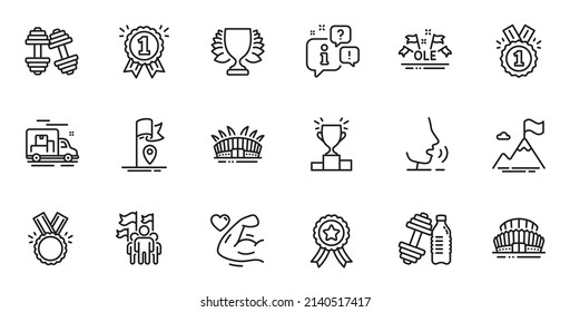 Outline set of Winner podium, Dumbbell and Sports stadium line icons for web application. Talk, information, delivery truck outline icon. Include Winner, Ole chant, Mountain flag icons. Vector