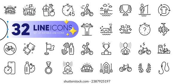 Outline set of Winner podium, Fishing reel and Winner cup line icons for web with Bicycle prohibited, Cyclist, Yoga balance thin icon. Hook, Timer, Delivery bike pictogram icon. Bicycle. Vector