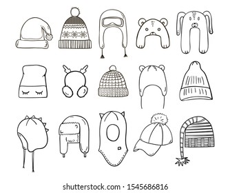 Outline set of winter and christmas hats. Collection of winter hats, headwear, doodle style, sketch illustration, hand drawn, Vector illustration.