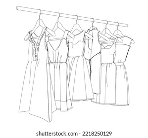 Esbozo de un conjunto de vestidos de mujeres colgando de las perchas aislados en un fondo blanco. Tienda de ropa para mujeres. Vista lateral. 3 D. Ilustración vectorial.