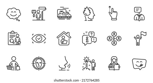 Outline set of Work home, Buyer and Stress line icons for web application. Talk, information, delivery truck outline icon. Include Smile chat, Face detect, Woman read icons. Vector