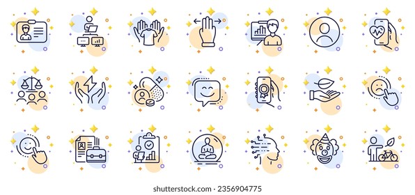 Conjunto de esquema de trabajo en casa, energía segura e iconos de línea de encabezado para la aplicación web. Incluye iconos de pictograma de payasadas, sonrisas y inteligencia artificial. Sujete camiseta, gesto de multitarea. Vector