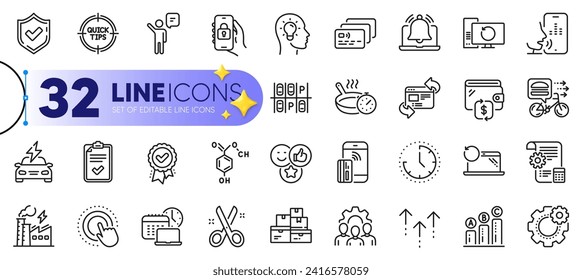 Outline set of Work time, Like and Team work line icons for web with Agent, Time, Car charging thin icon. Reminder, Confirmed, Swipe up pictogram icon. Wholesale goods, Refresh website. Vector