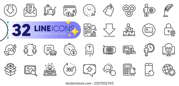 Outline set of Workflow, No card and Typewriter line icons for web with 24 hours, Luggage trolley, Sale tags thin icon. Online payment, Last minute, 360 degrees pictogram icon. Stars. Vector