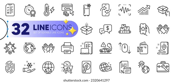 Outline set of World mail, Wholesale goods and Hold box line icons for web with Qr code, Get box, Refrigerator thin icon. Cvv code, Hdd, Demand curve pictogram icon. Smartphone holding. Vector