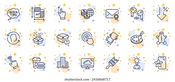 Outline set of World money, Winner cup and Palette line icons for web app. Include Floor plan, Gift, Touchscreen gesture pictogram icons. Cloud storage, Click, Buildings signs. Vector