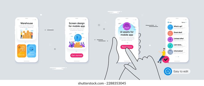 Conjunto de esquemas de sonrisa Yummy, Preguntar e inspeccionar iconos de línea para aplicaciones web. Interfaz de teléfono. Incluye los iconos de gestos de Global Business, Analysis app, Touchscreen. Vector