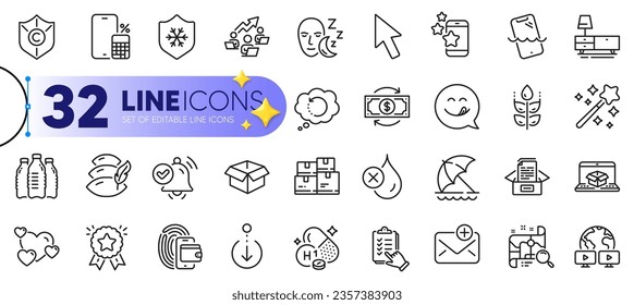 Outline set of Yummy smile, Magic wand and Teamwork chart line icons for web with Water bottles, Ranking star, Vitamin h1 thin icon. Copyright protection, Heart, Scroll down pictogram icon. Vector