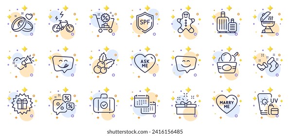 Outline set of Yummy smile, Santa boots and Smile face line icons for web app. Include Ice cream, Marry me, E-bike pictogram icons. Baggage, Carry-on baggage, Calendar signs. Vector